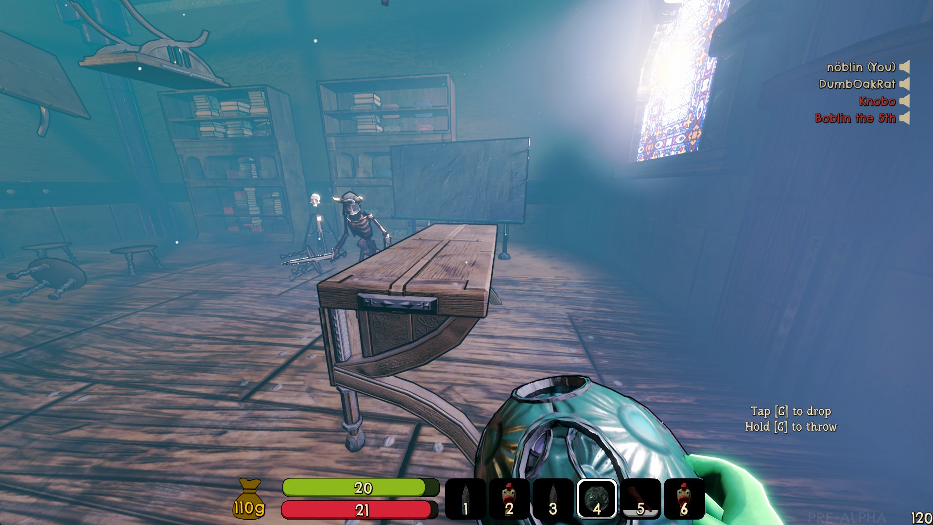 Goblin carrying loot while a skeleton enemy patrols a classroom