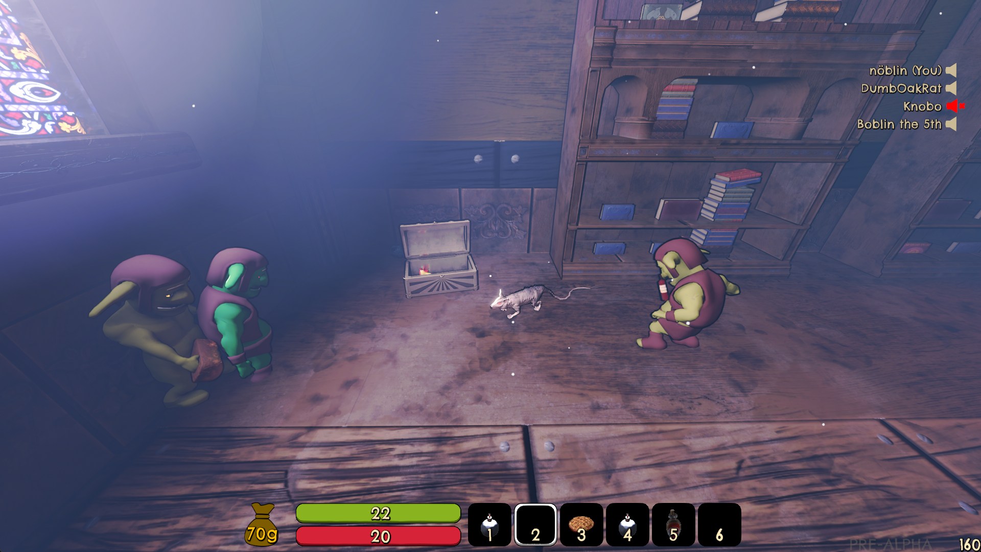 Player and three goblins in a room around a loot chest while an enemy rat blocks the middle