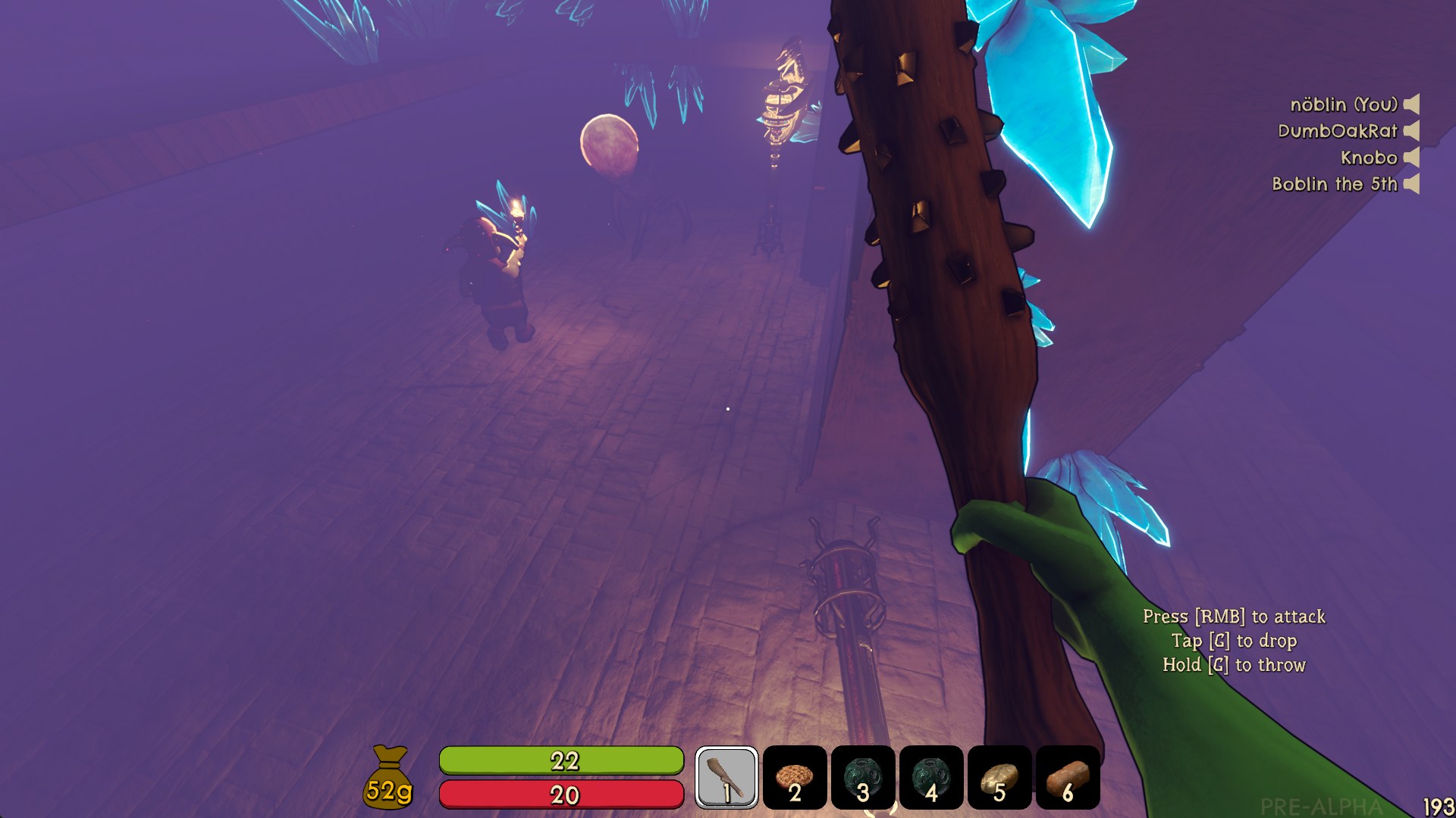 Player and another goblin in a foggy crystal room while the goblin carries a torch and a spider runs away in the distance